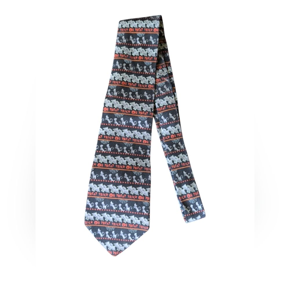 Vtg Hallmark Seasonal Concepts Halloween Men's Necktie Cats Bats Trick Or Treat